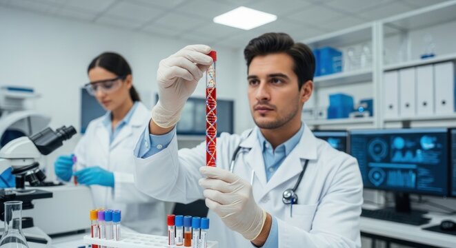 A male scientist examining a test tube in a laboratory.