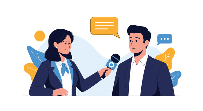 Professional female journalist with a blue scarf interviewing a smiling man with a microphone and speech bubbles.