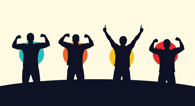 Black silhouettes of four men celebrating success and raising arms against colorful circular patterns on a beige ground.