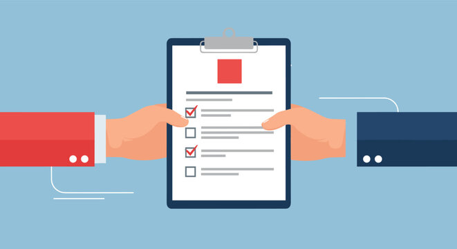 Two hands exchanging a clipboard with a checklist document representing a survey feedback or business agreement process.