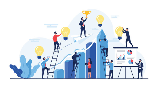 Diverse group of business people using ladders and charts to achieve common goals with glowing lightbulb ideas.