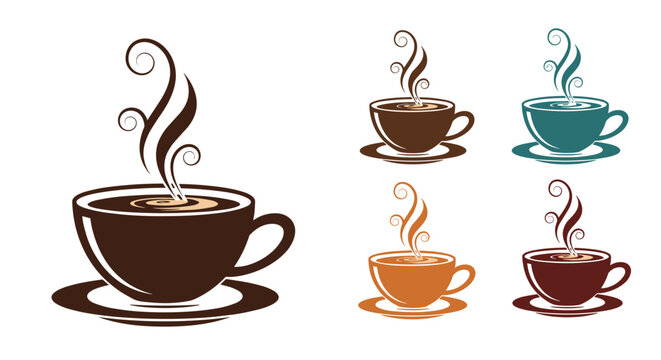 Collection of coffee cup icons in different colors featuring elegant steam swirls above each cup on saucers against white.