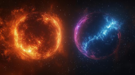 Naklejka premium Fiery orange star and glowing blue-purple planet with electric streaks in a starfield, dramatic contrasting celestial spheres