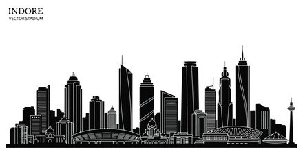 Obraz premium Monochrome silhouette of a city skyline with skyscrapers and a bridge against a white background.