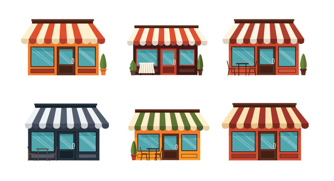Collection of different shop front designs with colorful striped awnings and large display windows for small business and retail concepts.
