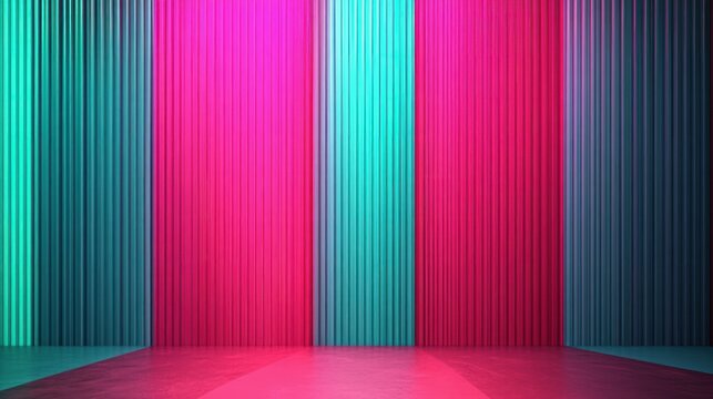 Vibrant empty stage with vertical pleated panels in teal, pink and blue and a glowing pink spotlight creating a playful energetic modern backdrop