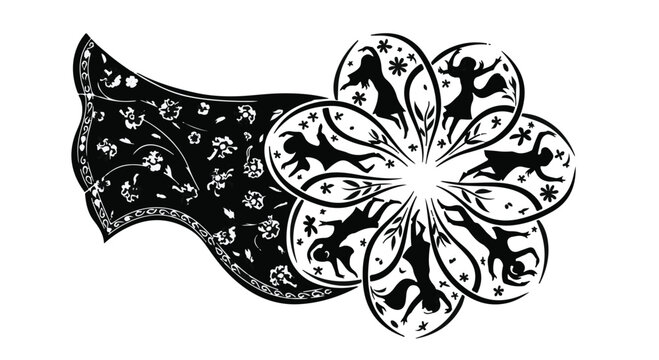 Whimsical floral design featuring silhouetted figures dancing joyfully within petals