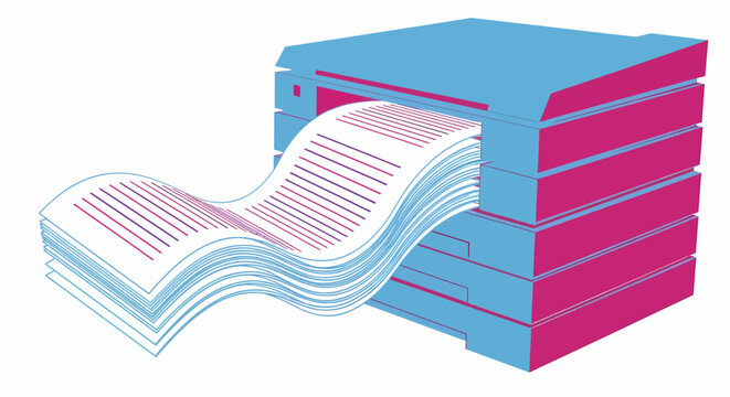 A graphic illustration of a blue and pink office printer rapidly printing a large stack of documents, with papers flowing out.