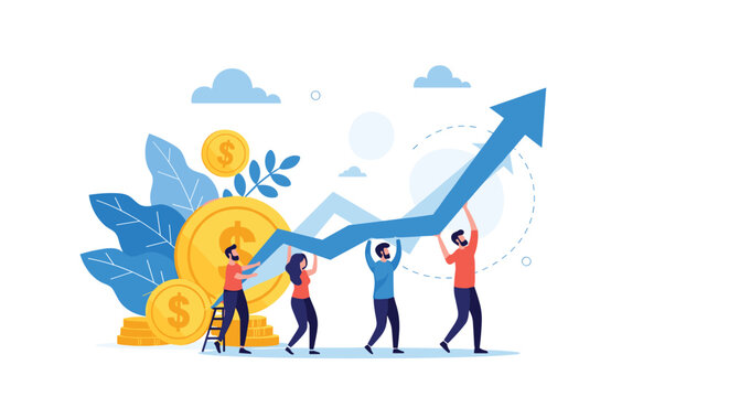 Team of business professionals working together to push up a large blue ascending arrow representing financial growth and success.