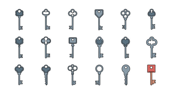 Set of various vintage and modern key illustrations in different shapes and colors with one standout red key at the bottom right corner.