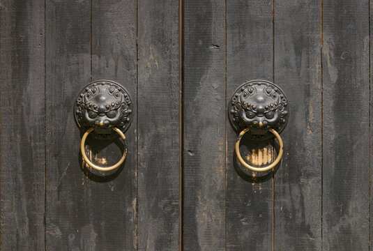 Pair of ornate brass lion head door knockers mounted on weathered dark wooden double doors, showing rustic texture, symmetry and traditional decorative details ideal for architecture, design and