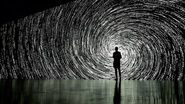 Backlit human shadow facing a digital wall while streams of code swirl dynamically in circular motion, reflections on floor, high contrast minimal background, technology concept, ultra detailed