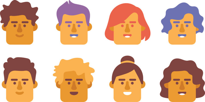 Minimalist cartoon avatar set of eight diverse characters in 2x4 grid with colorful hairstyles on white background
