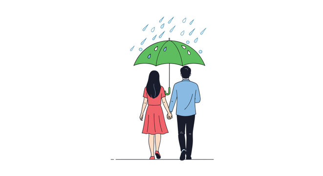 Romantic couple walking together under a green umbrella during a rain shower representing love, care, and protection.