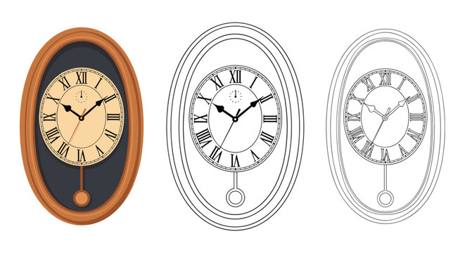 Elegant vintage pendulum wall clock shown in three different artistic styles including colored and line art versions.