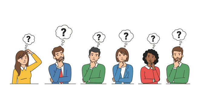 Group of diverse people standing in a row pondering difficult questions represented by thought bubbles with big question marks inside.