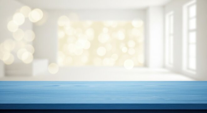 A blue wooden table in a spacious, modern room with a window and a large, blurred background featuring bokeh lights.