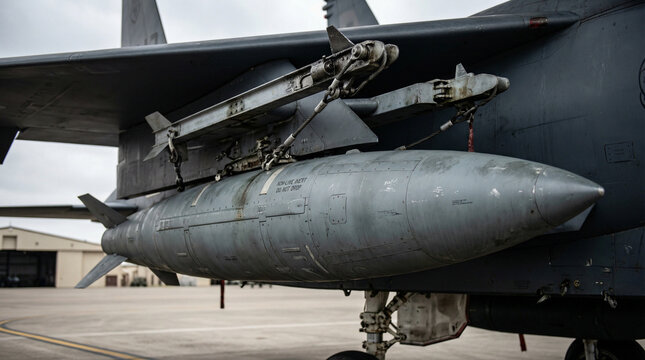 Close-up of laser guided munition mounted under a military jets wing on an overcast day at an airbase, showcasing precision technology and engineering detail