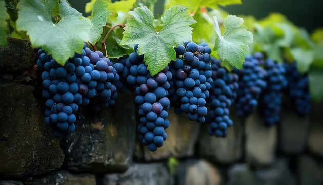 Clusters of ripe blue grapes hanging from a leafy vine over an old stone wall, lush green leaves and a serene abundant summer harvest
