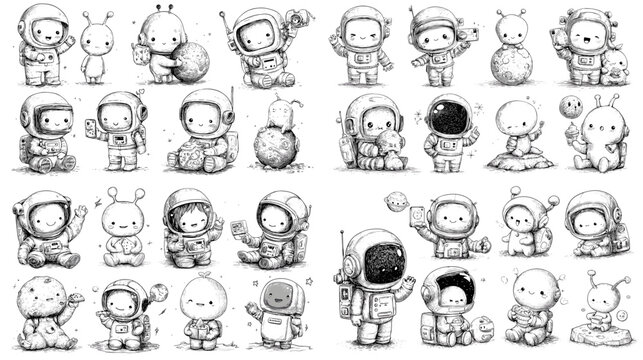 Cute hand drawn astronaut and bunny character collection with playful space poses, perfect for kids prints, stickers, nursery decor and science themed designs.