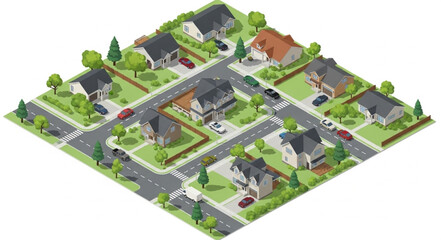 Fototapeta premium Isometric View of a Suburban Neighborhood with Houses and Streets.