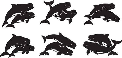 Black Solid Beluga Whale Group Silhouettes Set of Six on White Background © Shakeel