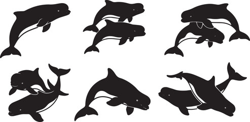 Black Solid Beluga Whale Group Silhouettes Set of Six on White Background © Shakeel