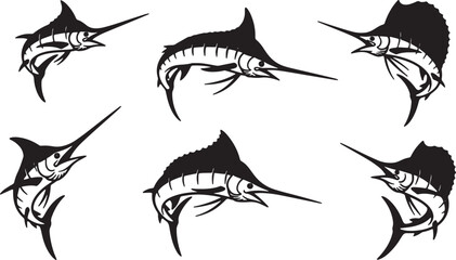Fototapeta premium Black Solid Swordfish and Marlin Silhouettes Set of Six on White Background