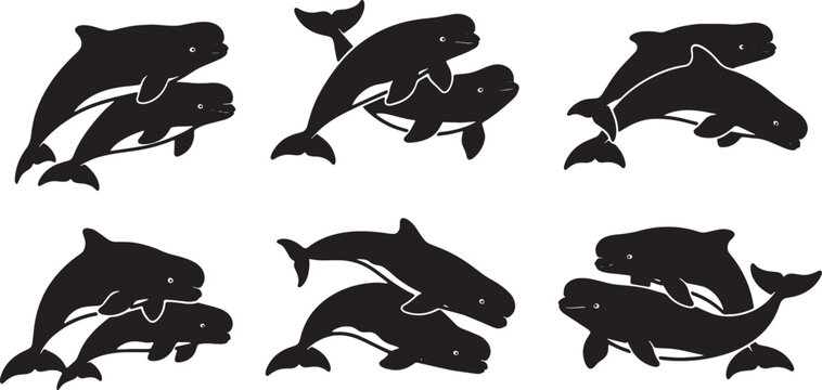 Black Solid Beluga Whale Group Silhouettes Set of Six on White Background