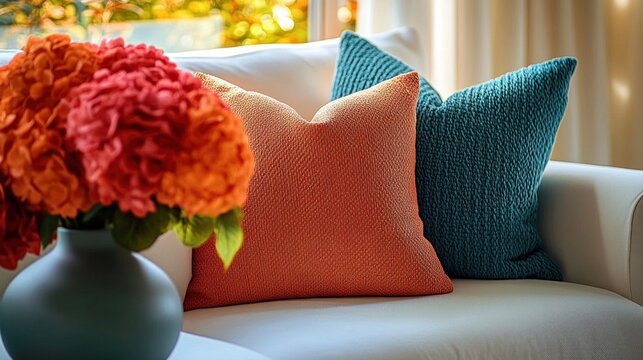 Cozy sunlit living room scene with textured orange and teal throw pillows on a white sofa and a vase of orange hydrangea-like flowers, warm and inviting