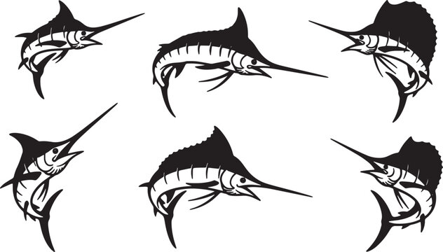 Black Solid Swordfish and Marlin Silhouettes Set of Six on White Background