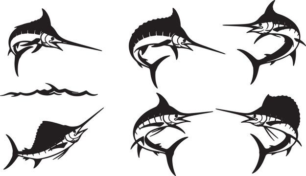 Black Solid Swordfish and Marlin Silhouettes Set of Six on White Background