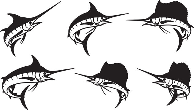 Black Solid Swordfish and Marlin Silhouettes Set of Six on White Background