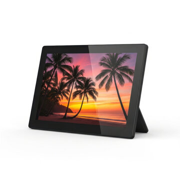 Black tablet computer displaying a tropical sunset with palm trees on a white background