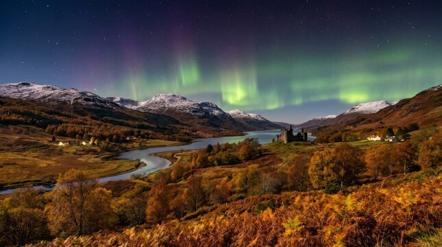 Stunning Aurora Borealis dancing over a majestic landscape, featuring a castle, mountains, and a serene lake. Capturing nature's beauty in its purest form.
