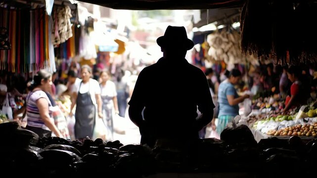 Silhouette of a person at a market stall with merchandise and shoppers