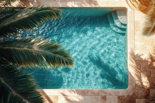 aerial view of a sunlit turquoise swimming pool with overhanging palm fronds, shimmering ripples, steps and warm stone deck, tranquil tropical relaxation