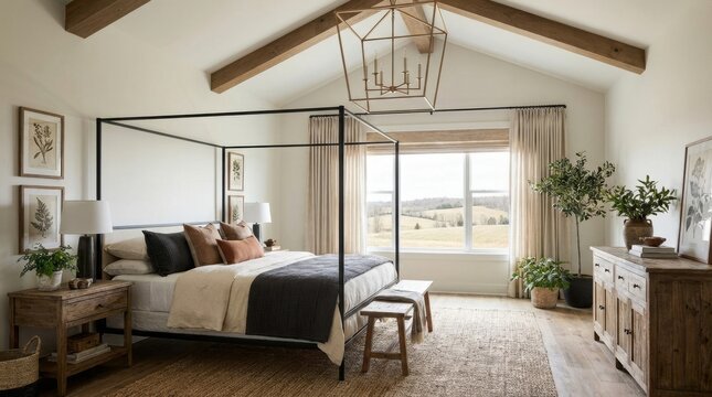 A cozy and inviting bedroom with elegant furniture. The room features a four-poster bed, a stylish dresser, and a warm rug. The room is decorated in a sophisticated style