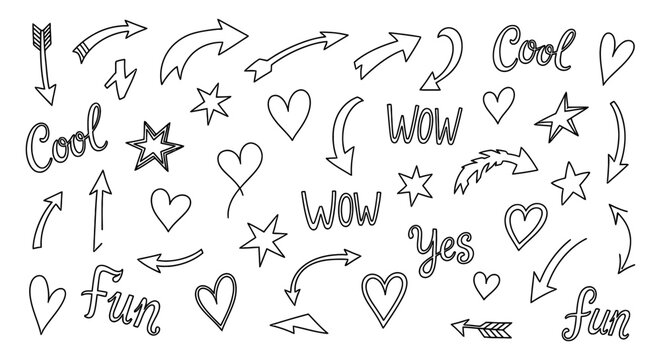 hand-drawn doodle vector illustration with black and white cool words hearts arrows and stars for creative design elements