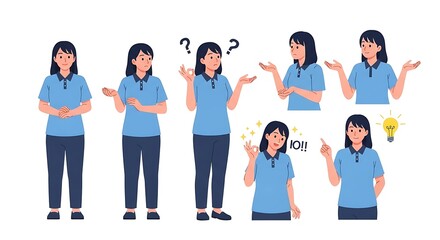 Fototapeta premium Illustration of a woman in various poses expressing thought and emotions