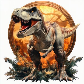 Roaring carnivorous dinosaur with gaping jaw and sharp teeth standing on ferns before a glowing golden circular backdrop with silhouetted trees, fierce and triumphant