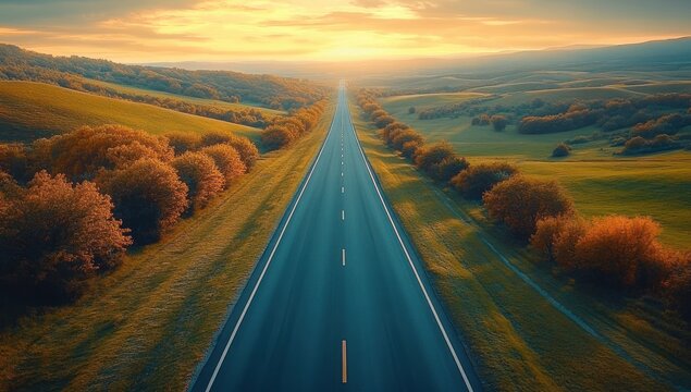 Empty straight two-lane road cutting through rolling green hills and orange trees toward a golden sunset, evoking peaceful freedom and quiet anticipation