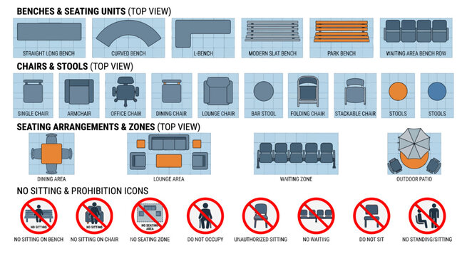A structured layout showing seating arrangements, charging stations, and restriction icons for public spaces.