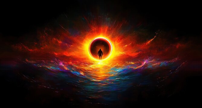 silhouette of a person standing in a blazing circular portal above iridescent turbulent waters, surrounded by cosmic fire and swirling colors, evoking awe and solitude