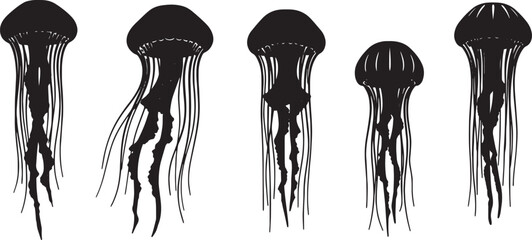 Black Solid Box Jellyfish Silhouettes Set of Six on White Background © Shakeel