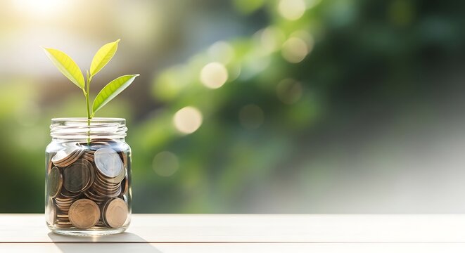 Plant growing in jar with coins, symbolizing savings and growth