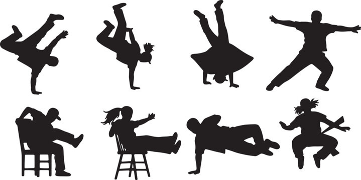 Black Solid Breakdance Power Moves Silhouettes Set of Six on White Background