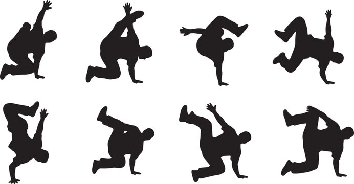 Black Solid Breakdancer Intense Focus Freeze Silhouettes Set of Six on White Background