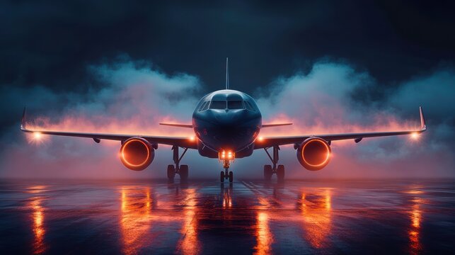 Front view of a commercial airplane on a wet runway at night with glowing jet engines, dramatic fog and orange reflections conveying power and anticipation