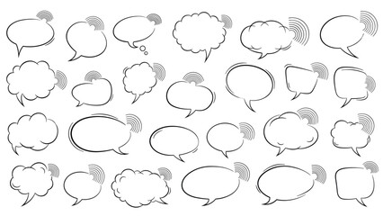 Fototapeta premium Collection of blank hand drawn speech bubbles with radio wave signal icons representing communication and broadcasting.